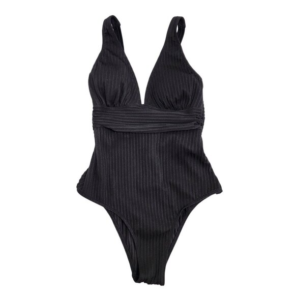 Black Ribbed One-Piece Swimsuit  Plunge Neckline Waist Detail Cupshe  Size S - Picture 1 of 9